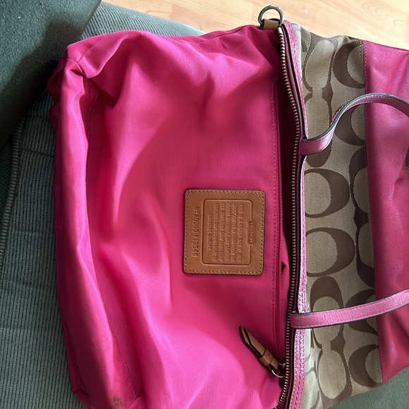 Coach Tan Purse with Pink Leather Straps. Pink stripe accent. - Picture 12 of 12